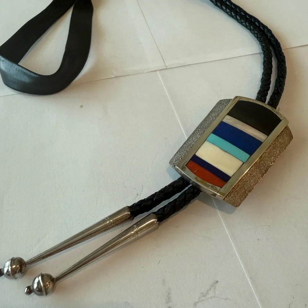 Tony Sanchez Sterling Silver Inlay Bolo Tie Turquoise Lapis Coral